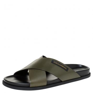 مملوكة مسبقًا Dolce & Gabbana Green Leather Criss-Cross Slide Sandals Size 42