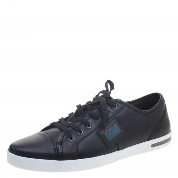 Pre Owned Dolce and Gabbana Black Leather Logo Plaque Low Top Sneakers Size 43.5