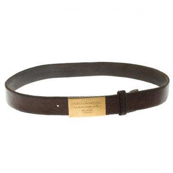 Pre Owned Dolce and Gabbana Dark Brown Leather Plaque Buckle Belt 90 CM
