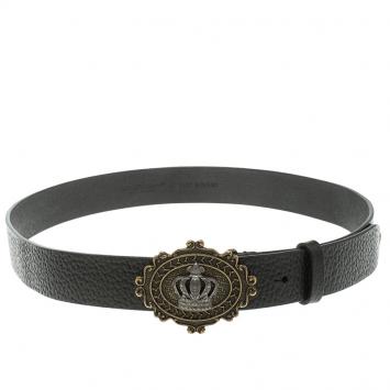 Pre Owned Dolce and Gabbana Black Leather Crown Buckle Belt 85 CM