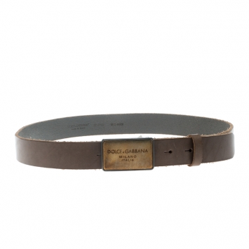 Pre Owned Dolce & Gabbana Beige Leather Logo Plaque Belt 100cm