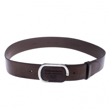 Pre Owned Dolce & Gabanna Metallic Brown Leather Oval Logo Buckle Belt 90CM