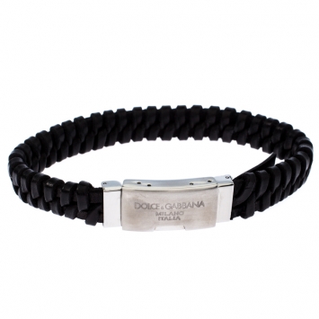 Pre Owned Dolce & Gabbana Black Woven Leather Plaque Bracelet L