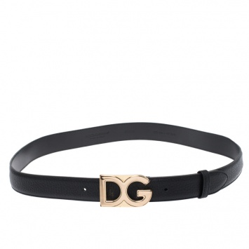 Pre Owned Dolce and Gabbana Black Leather Logo Buckle Belt Size 100CM