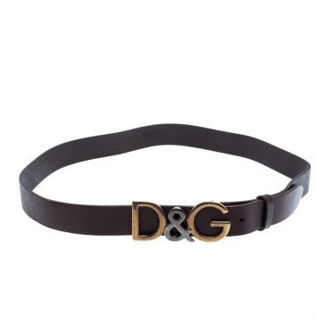 Pre Owned Dolce & Gabbana Brown Leather Logo Belt Size 100CM