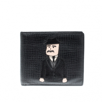 Pre Owned Dolce & Gabbana Black Man Patch Leather Bifold Wallet 