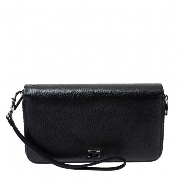 Pre Owned Dolce & Gabbana Black Saffiano Leather Double Zip Wrist Clutch