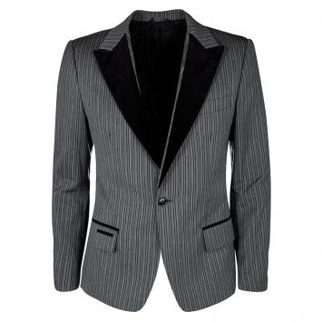 Pre Owned Dolce and Gabbana Grey Striped Wool Contrast Lapel Detail Blazer M
