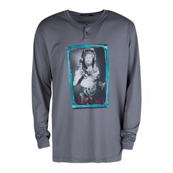 Pre Owned Dolce and Gabbana Grey Cotton Hercules Print Distressed Long Sleeve T-Shirt
