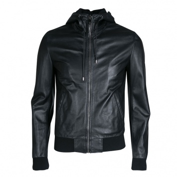 Pre Owned Dolce and Gabbana Black Lamb Leather Hooded Zip Front Bomber Jacket M