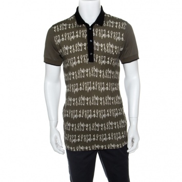 Pre Owned Dolce and Gabbana Green Medieval Key Printed Honeycomb Knit Polo T- Shirt XL