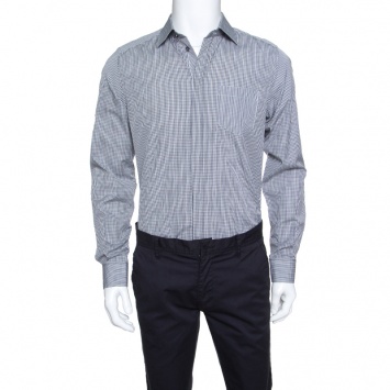 Pre Owned Dolce and Gabbana Gold Grey Gingham Checked Cotton Long Sleeve Shirt L