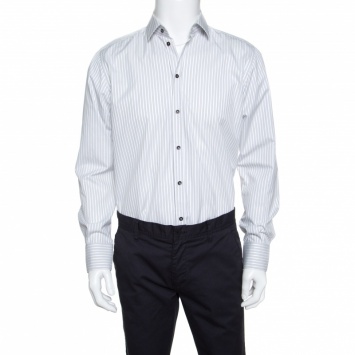 Pre Owned Dolce and Gabbana Martini White Striped Cotton Button Front Shirt M
