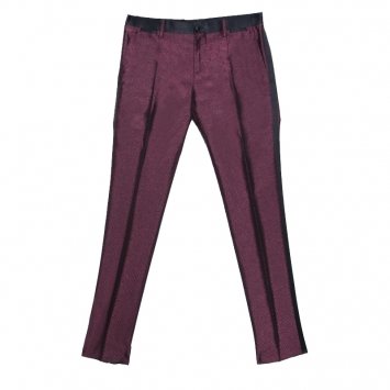 Pre Owned Dolce and Gabbana Burgundy Metallic Jacquard Satin Trim Tuxedo Trousers S