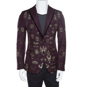 Pre Owned Dolce and Gabbana Burgundy Key and Axe Printed Silk Velvet Trim Jacket S