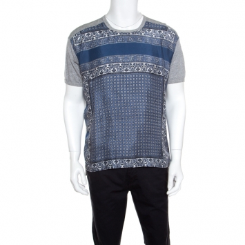 Pre Owned Dolce and Gabbana Grey and Blue Paisley Printed Silk Detail T- Shirt L