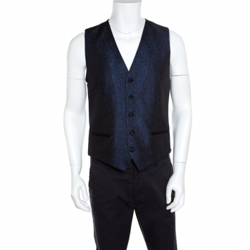 Pre Owned Dolce and Gabbana Navy Blue Metallic Jacquard Satin Trim Waistcoat L