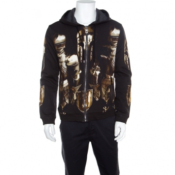 Pre Owned Dolce and Gabbana Black Medieval Armor Print Zip Front Hooded Sweatshirt M