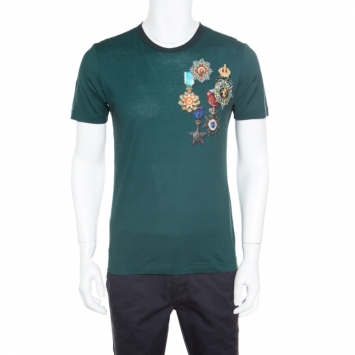 Pre Owned Dolce and Gabbana Green Medal Printed Cotton Short Sleeve T-Shirt M