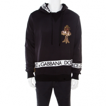 Pre Owned Dolce and Gabbana Navy Blue Logo Printed Cotton Embellished Hoodie XL