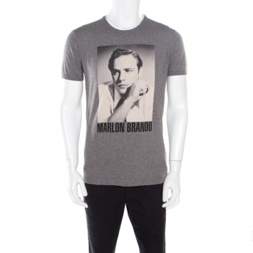Pre Owned Dolce and Gabbana Grey Melange Marlon Brando Printed Crew Neck T-Shirt XL