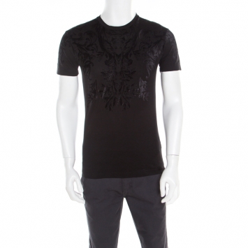 Pre Owned Dolce and Gabbana Floral Tonal Velvet Embossed Cotton Crew Neck T-Shirt S