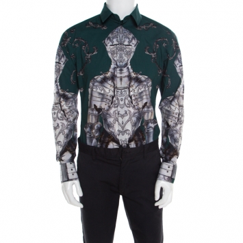 Pre Owned Dolce & Gabbana Gold Green Armour Printed Long Sleeve Shirt L