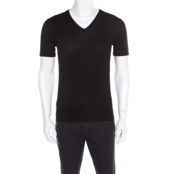 Pre Owned Dolce and Gabbana Black Cotton Stretch Knit V Neck T -Shirt XS