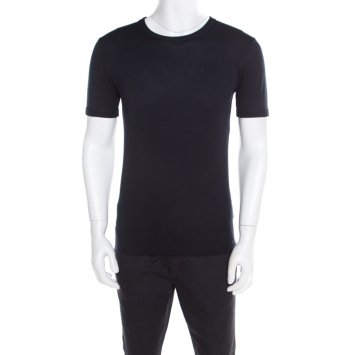 Pre Owned Dolce & Gabbana Navy Blue Rib Knit Cotton Crew Neck T-Shirt XS