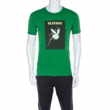 Pre Owned Dolce and Gabbana Green Playboy Print Vintage Finish T-Shirt L