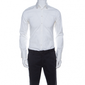 Pre Owned Dolce and Gabbana Off White Cotton Stretch Slim Fit Button Front Shirt M