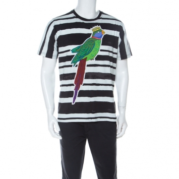 Pre Owned Dolce and Gabbana Black Paint Striped Cotton Parrot Applique T Shirt XL 