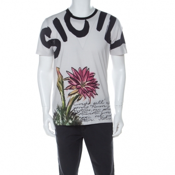 Pre Owned Dolce & Gabbana Grey Floral Print Cotton Raw Seam & Stitch Detail T shirt