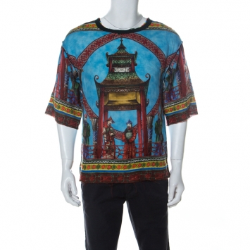 Pre Owned Dolce & Gabbana Multicolour Sicilian Chinoiserie Print Linen Oversized T-Shirt XS