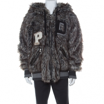 Pre Owned Dolce and Gabbana Grey Faux Fur Wolf Hood Bomber Jacket XXL
