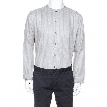 Pre Owned Dolce and Gabbana Pale Grey Striped Linen Mandarin Collar Shirt XL