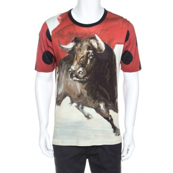 Pre Owned Dolce and Gabbana Red Bull Print Cotton Crew Neck T-Shirt M