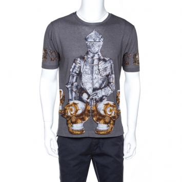 Pre Owned Dolce & Gabbana Grey Knight Print Cotton Crew Neck T-Shirt S