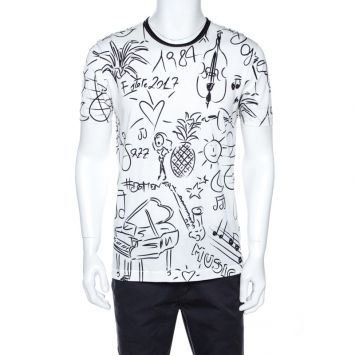 Pre Owned Dolce & Gabbana White Musical Scribbles Print Cotton T-Shirt L