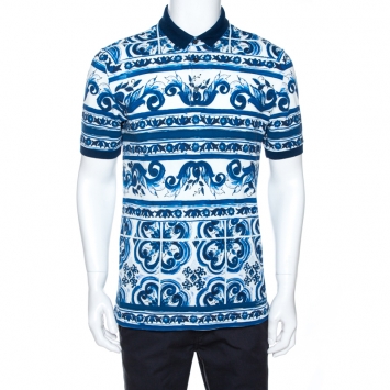 Pre Owned Dolce & Gabbana Blue Majolica Print Cotton Polo T-Shirt M