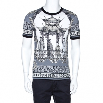 Pre Owned Dolce & Gabbana Grey Chinese Temple Print Cotton T-Shirt M