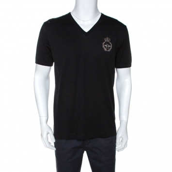 Pre Owned Dolce & Gabbana Black Cotton Crown & Bee Embroidered T-Shirt XL