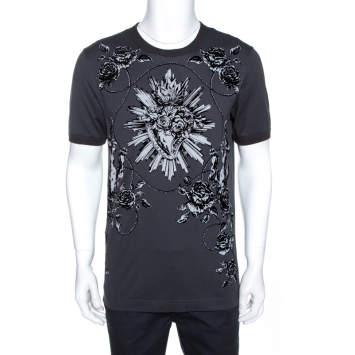 Pre Owned Dolce & Gabbana Grey Sacred Heart Flock Print Cotton T-Shirt L