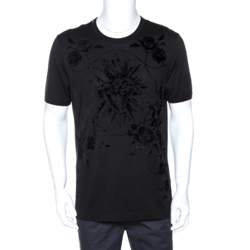 Pre Owned Dolce & Gabbana Black Sacred Heart Flock Print Cotton T-Shirt L
