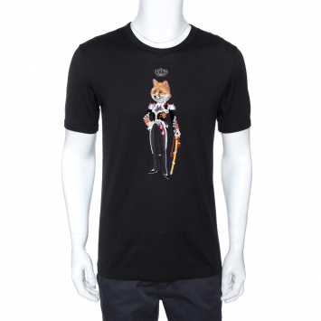Pre Owned Dolce & Gabbana Black Cotton Fox Colonel Appliqued T-Shirt M