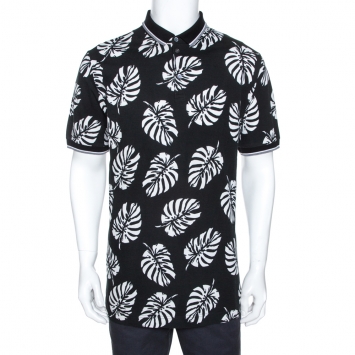Pre Owned Dolce & Gabbana Monochrome Leaf Print Cotton Polo T-Shirt XXL