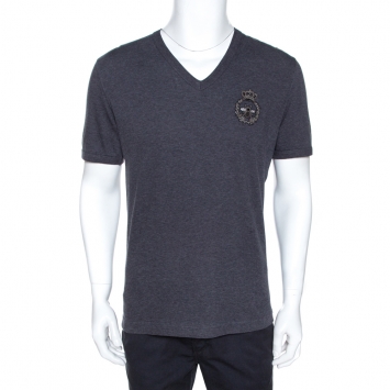 Pre Owned Dolce & Gabbana Grey Cotton Crown & Bee Embroidered T-Shirt XL