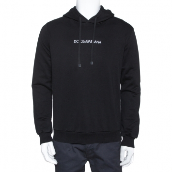 Pre Owned Dolce & Gabbana Black Logo Embroidered Cotton Hoodie L