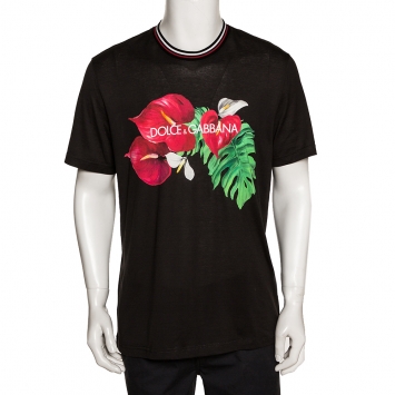 Pre Owned Dolce & Gabbana Black Cotton Anthurium Print T Shirt 3XL