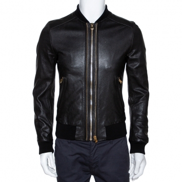 Pre Owned Dolce & Gabbana Black Leather Zip Front Bomber Jacket S